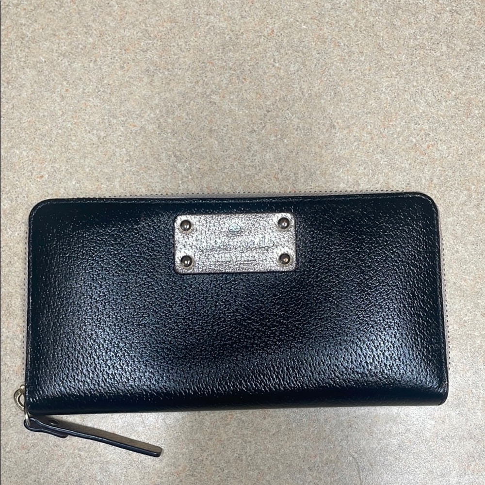 Kate Spade Large wallet black/sparkly pink leather holds an Iphone cards coins